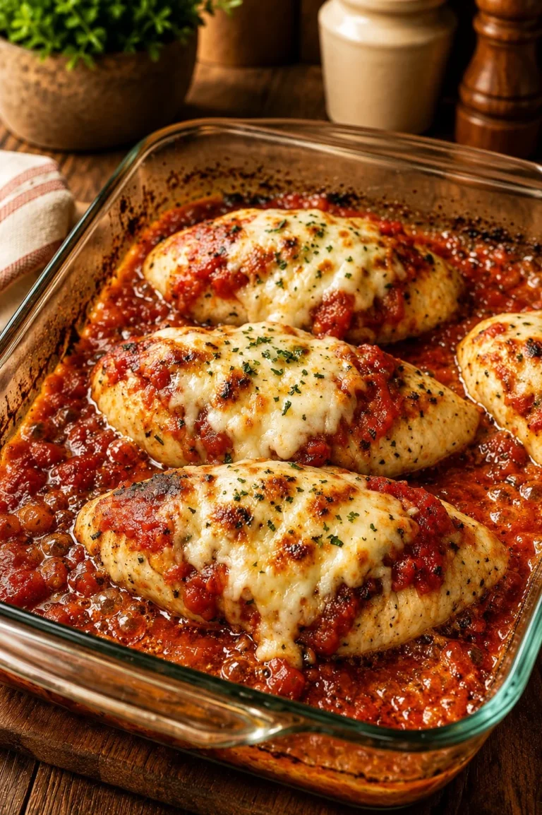 Deliciously baked Italian chicken with three ingredients in a cast iron skillet.