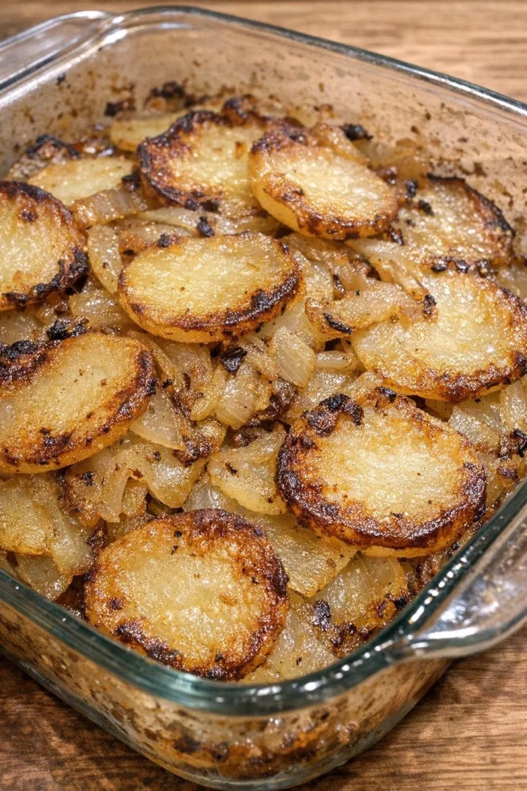 Oven Baked 3-Ingredient Lard and Onion Potato Casserole served in a dish