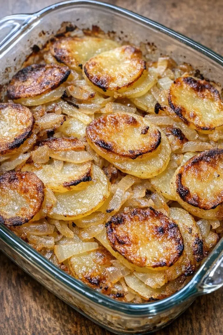 Delicious oven baked potato scallop with lard and onion