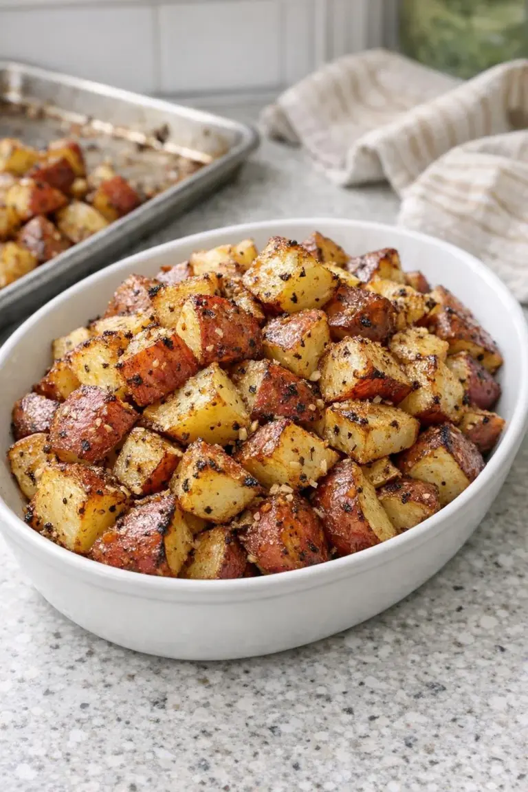 Oven baked onion soup with roasted potatoes served in a bowl