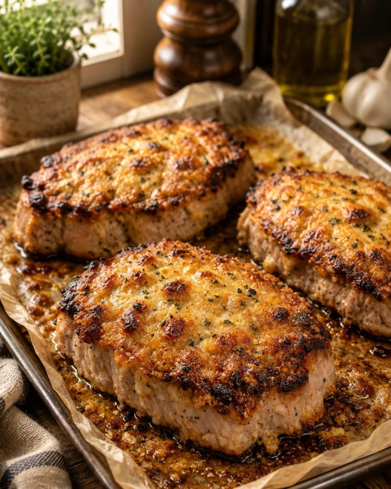 Oven baked 3-ingredient parmesan crusted pork chops on a plate