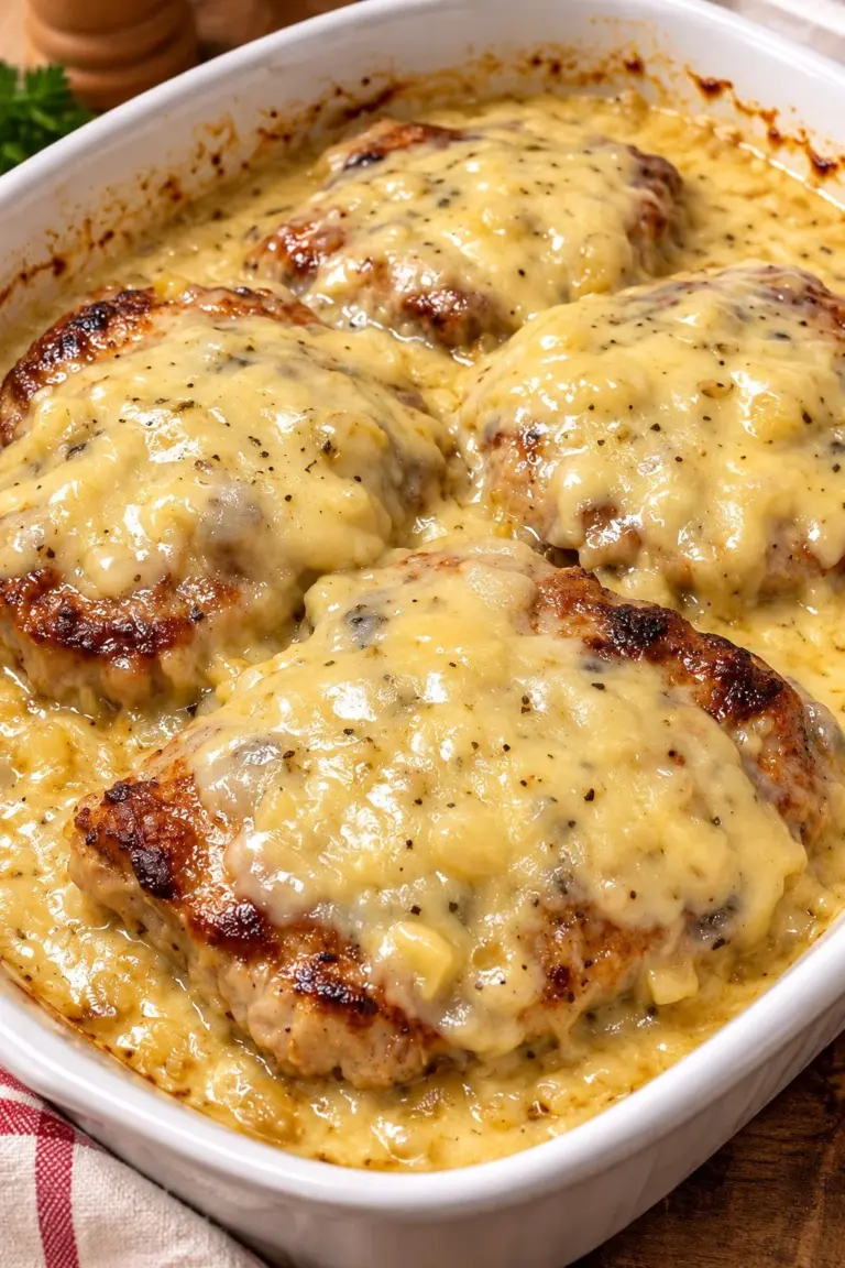 Oven baked pork chops with cream of chicken soup served on a plate