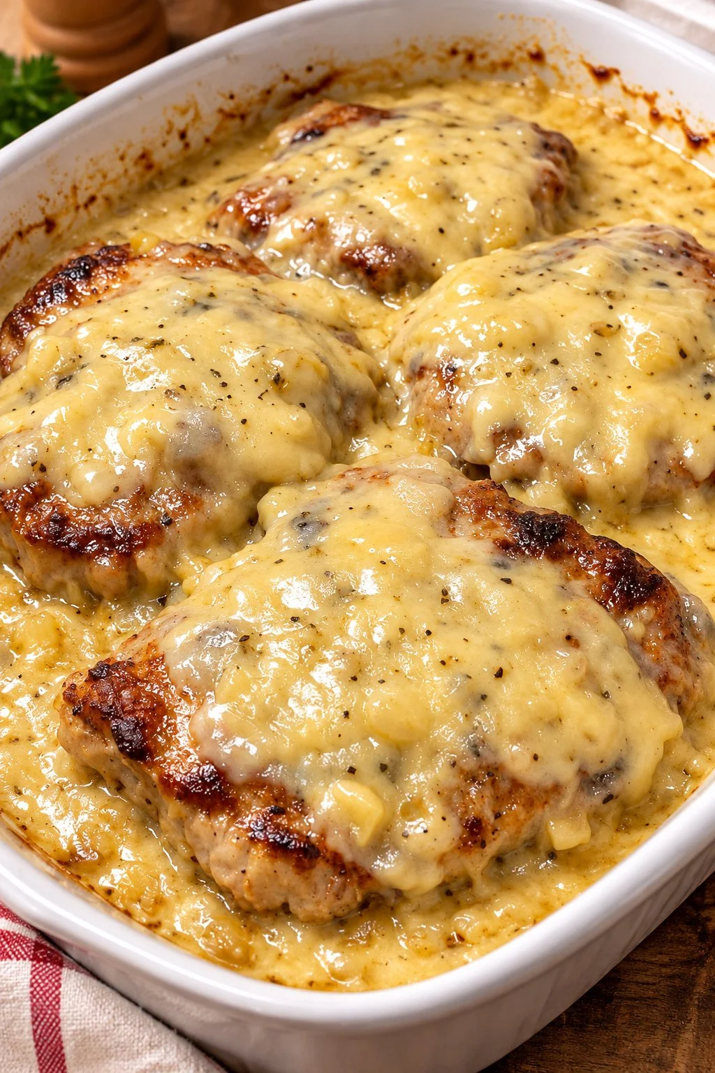 Oven baked pork chops with cream of chicken soup served on a plate