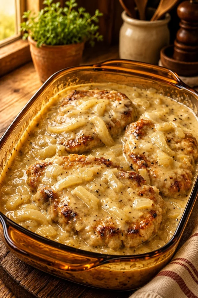 Oven baked 3-ingredient pork chops with cream of onion ready to serve.