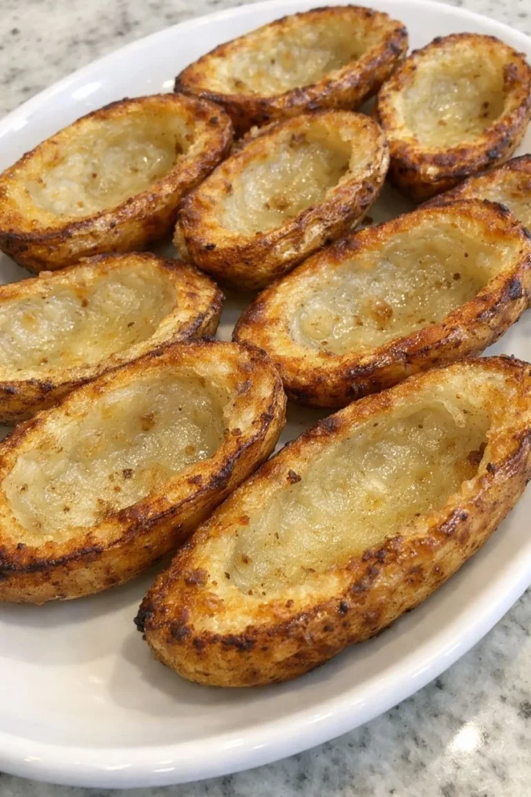 Oven-baked potato half shells topped with cheese and herbs.
