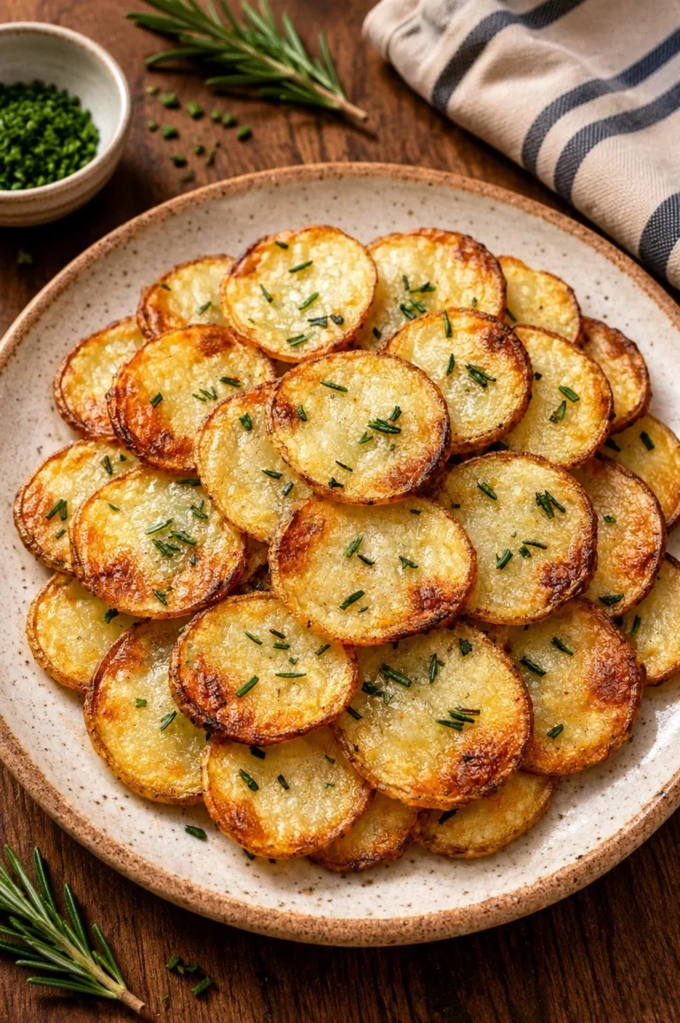 Crispy oven-baked rosemary potato thins garnished with fresh rosemary