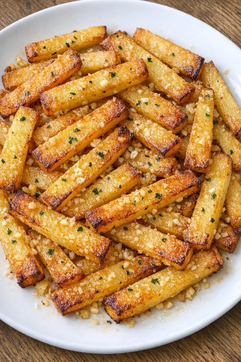 Oven baked butter garlic potato strips on a plate, garnished with herbs.