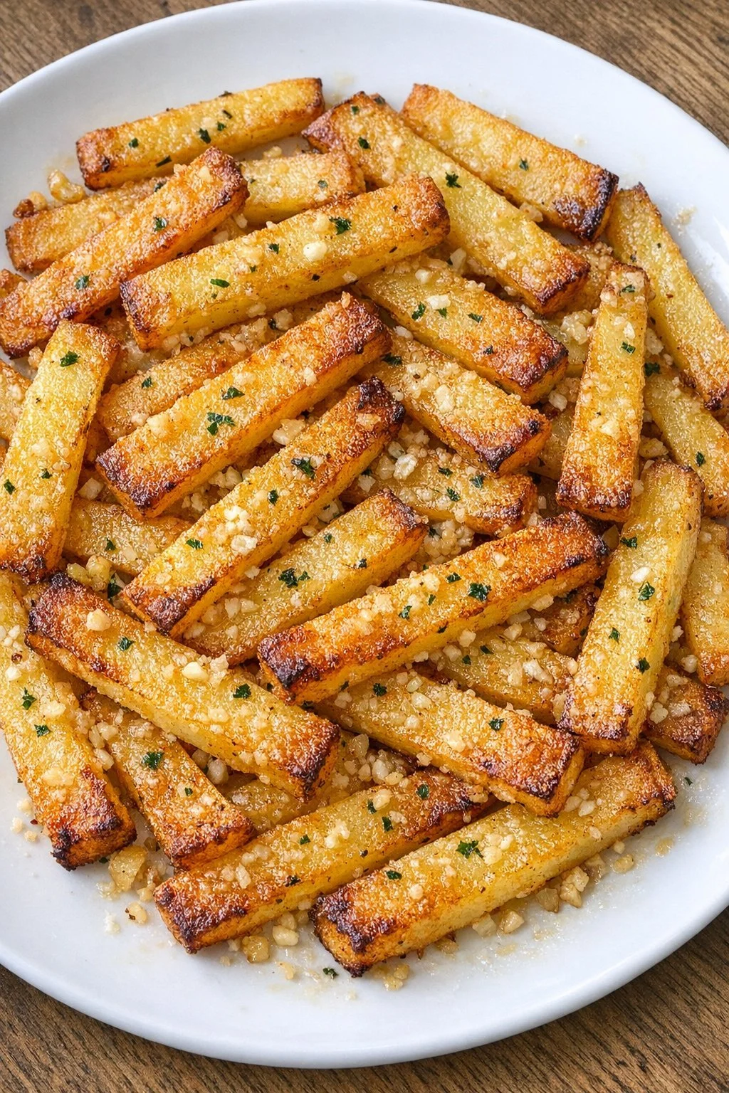 Oven baked butter garlic potato strips on a plate, garnished with herbs.