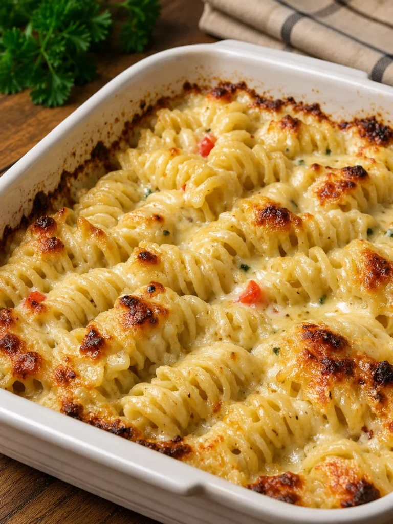 Baked Pepper Jack Rotini with melted cheese and a crispy top