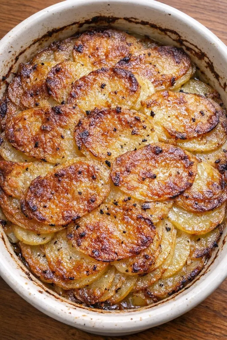 Oven Baked Potato Boulangère with golden crispy potatoes in a baking dish
