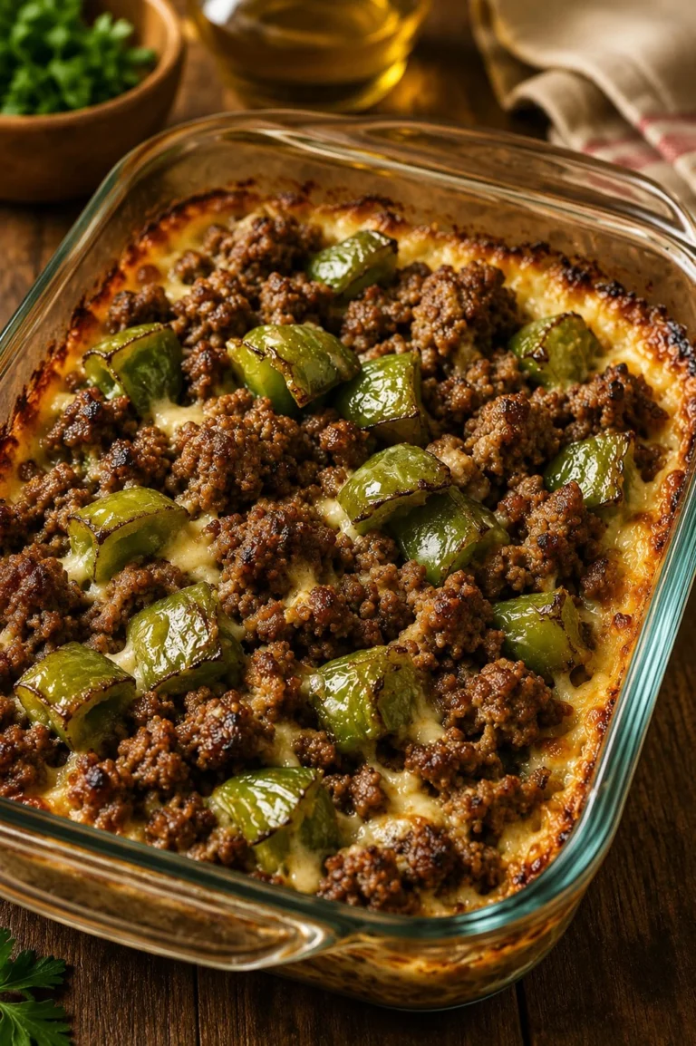 Oven-baked Amish beef and bell pepper bake served in a dish