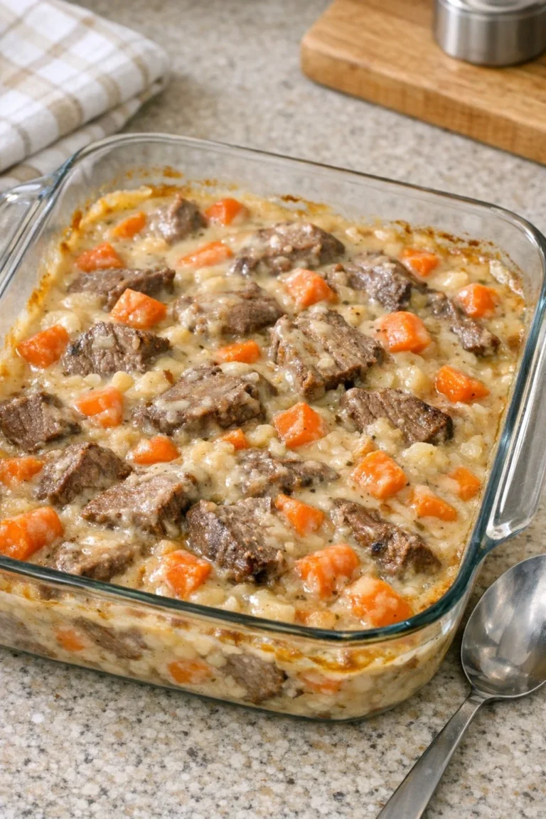 Oven baked Amish Beef and Carrot Bake with four ingredients served in a dish