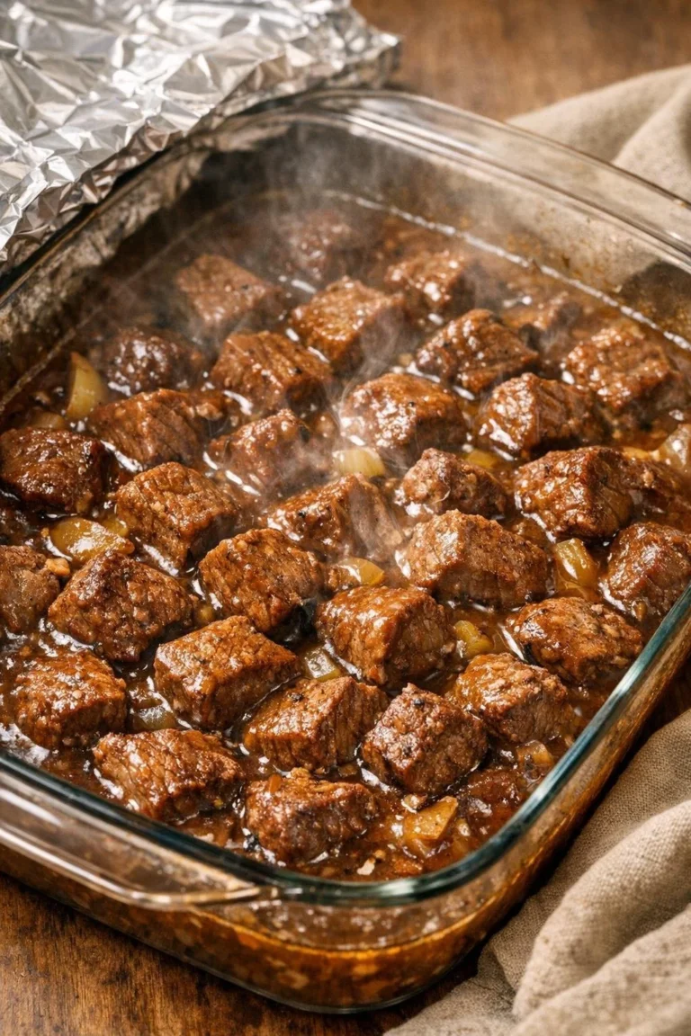 Oven baked 4-ingredient Amish beef and gravy served with mashed potatoes