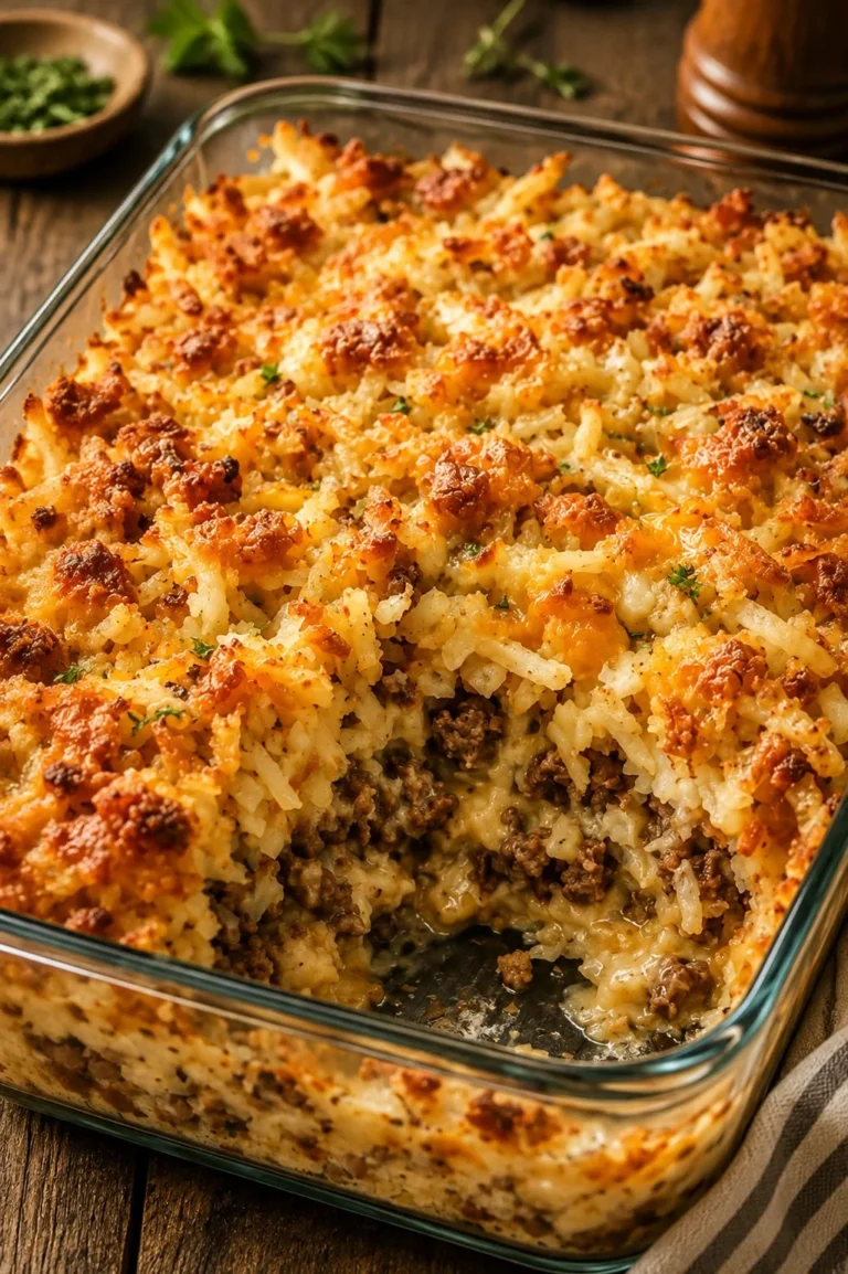 Oven baked Amish beef and hashbrown casserole with a golden crust