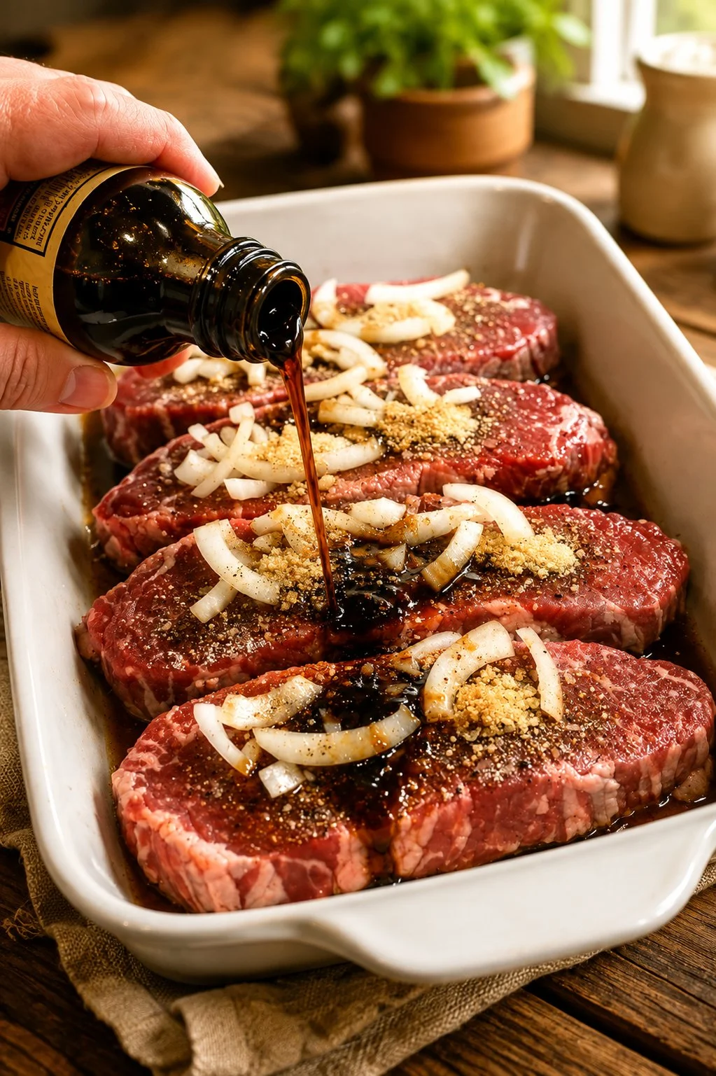 Oven Baked Amish Beef dish with Worcestershire ingredients freshly cooked.