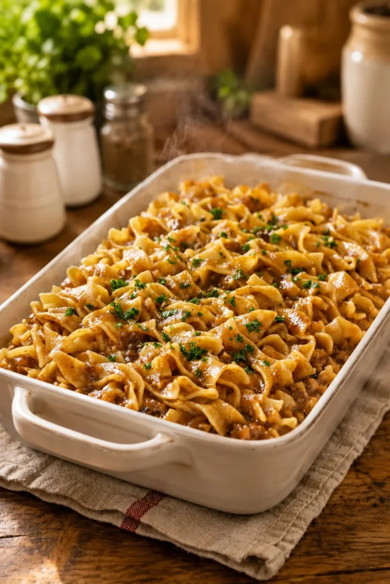 Oven baked Amish brown gravy noodles with four simple ingredients.