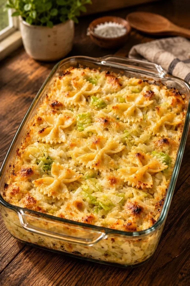 Delicious oven-baked Amish cabbage noodle bake with four ingredients