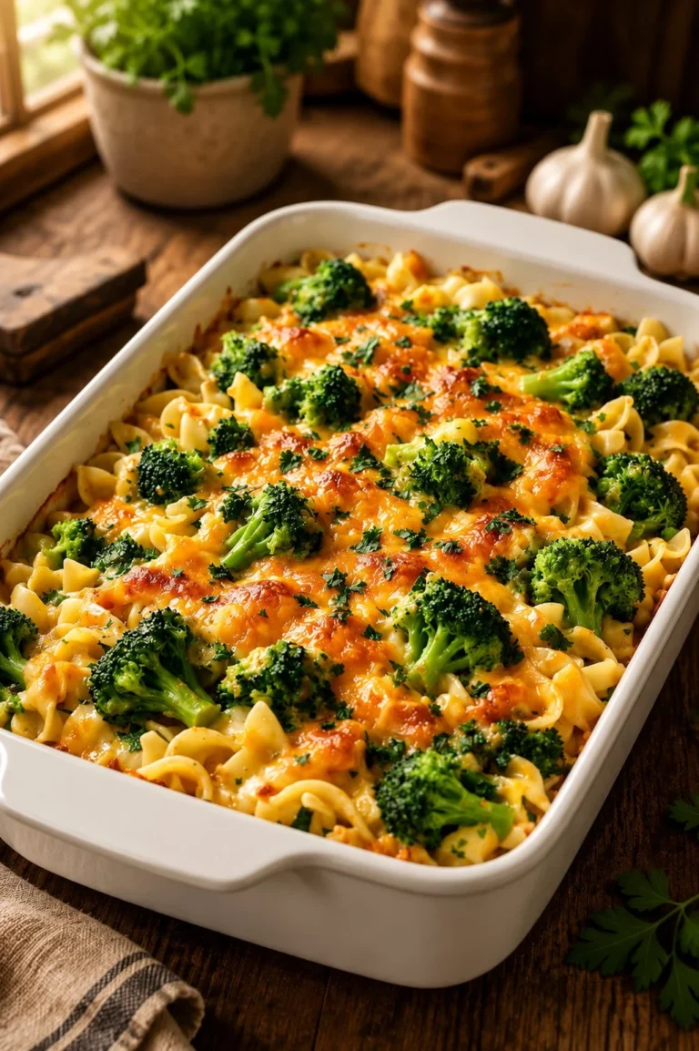 Baked Amish cheddar broccoli noodles in a creamy sauce with broccoli and noodles.