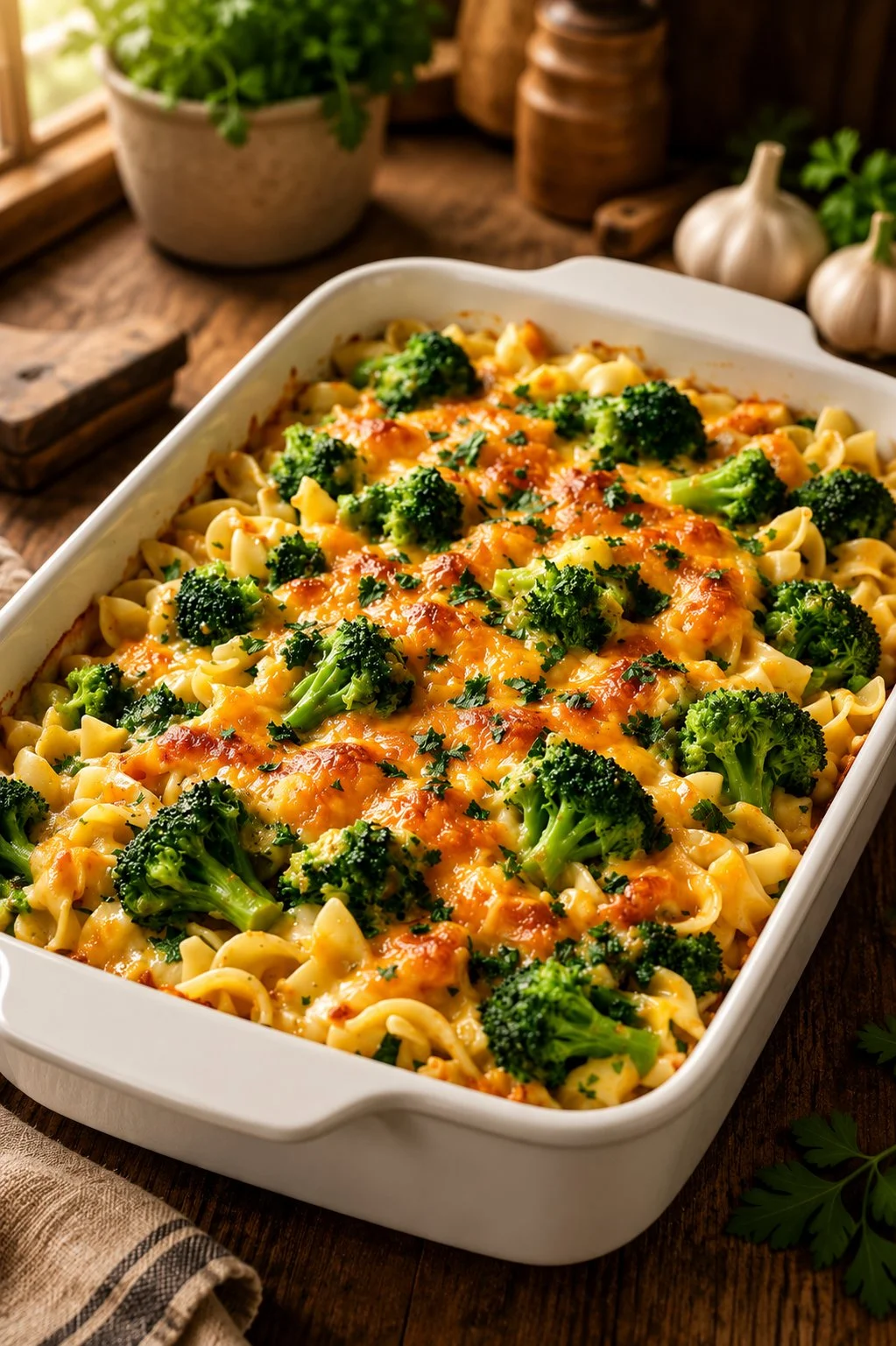 Baked Amish cheddar broccoli noodles in a creamy sauce with broccoli and noodles.