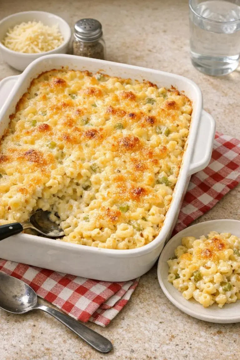 Delicious oven-baked 4 ingredient Amish cream of celery soup macaroni in a bowl