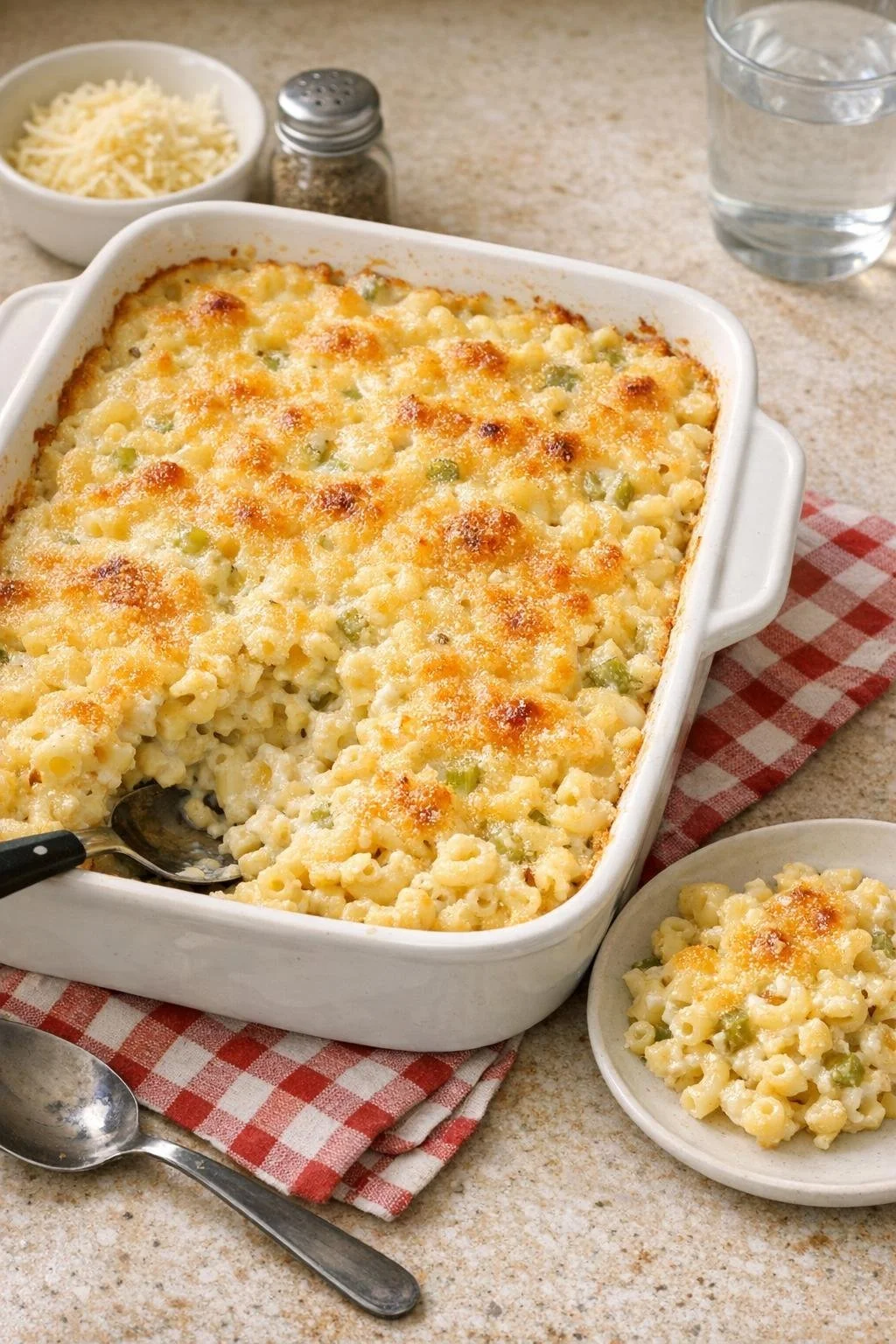 Delicious oven-baked 4 ingredient Amish cream of celery soup macaroni in a bowl