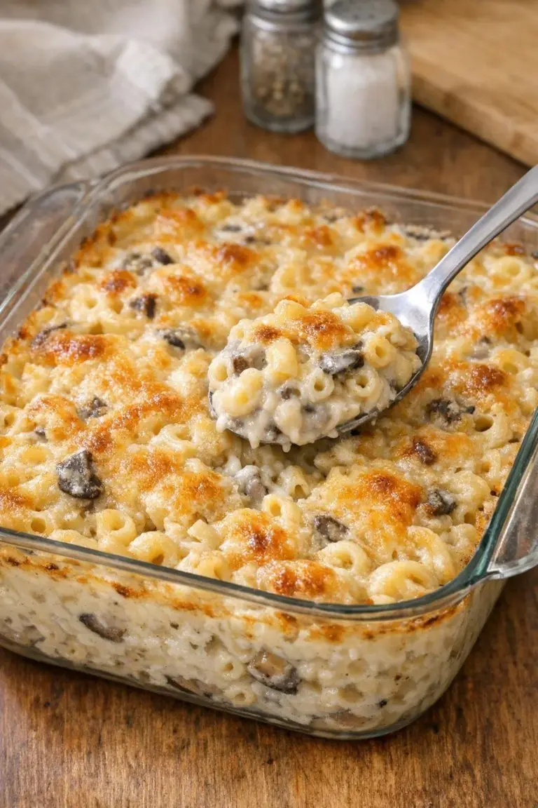 Oven Baked 4-Ingredient Amish Cream of Mushroom Soup Macaroni in a casserole dish