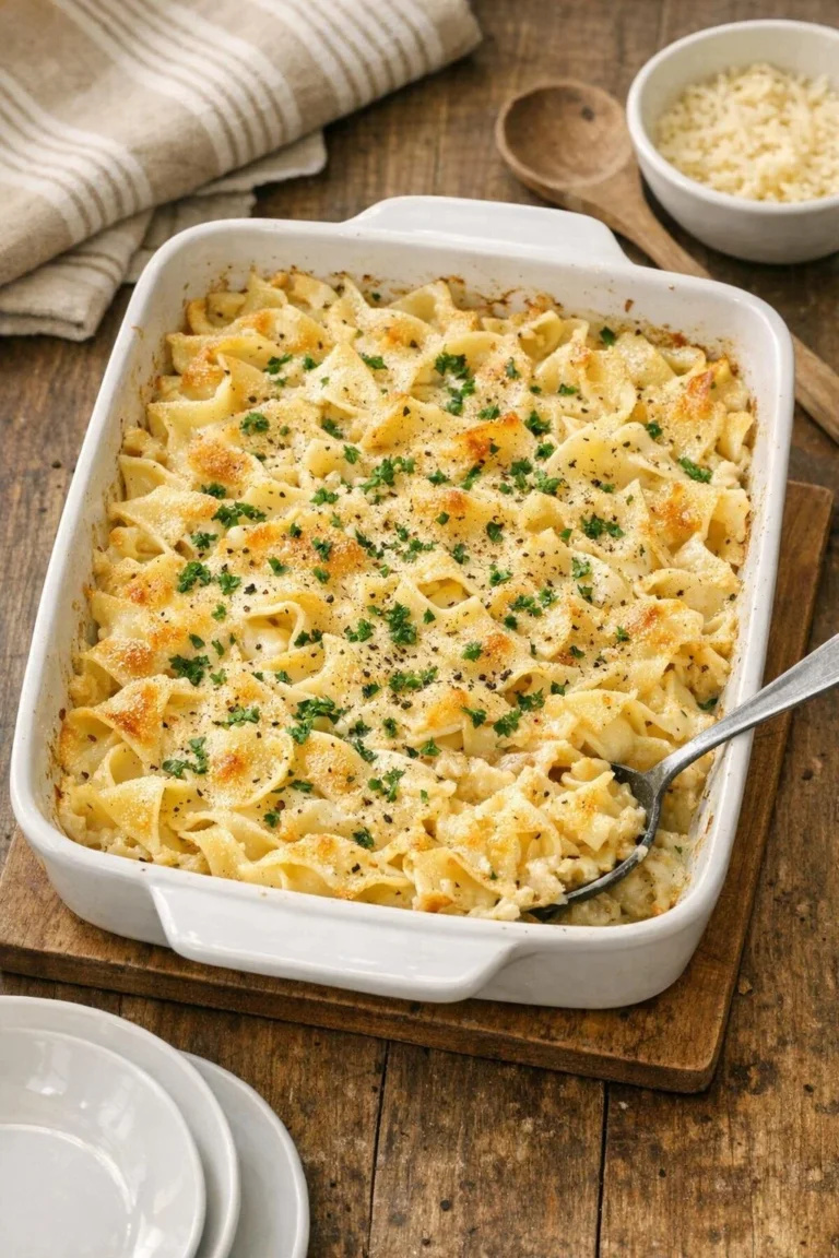 Baked Amish Ranch Noodles served in a rustic dish