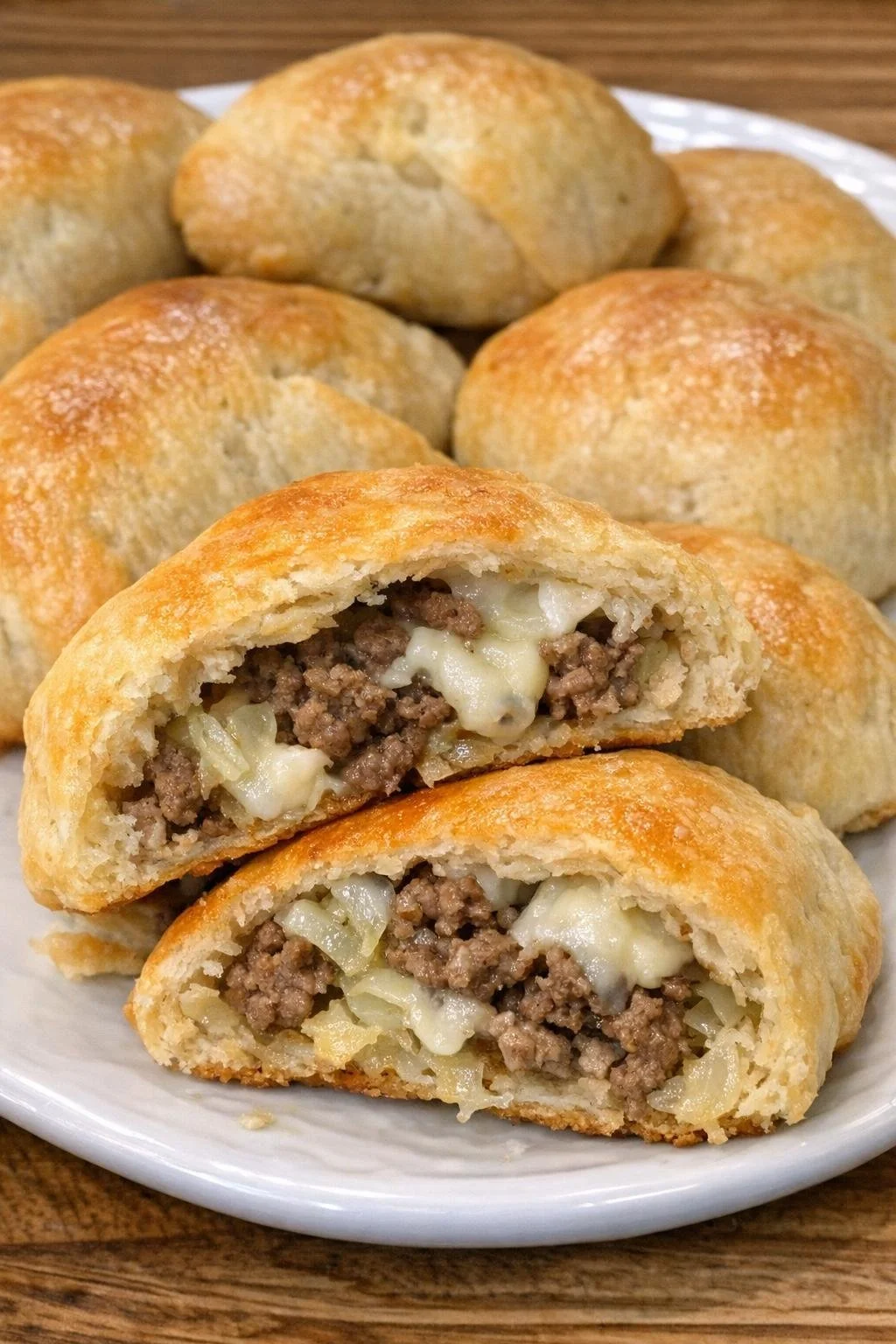 Oven baked beef and cabbage bierocks on a baking sheet, golden brown and delicious.