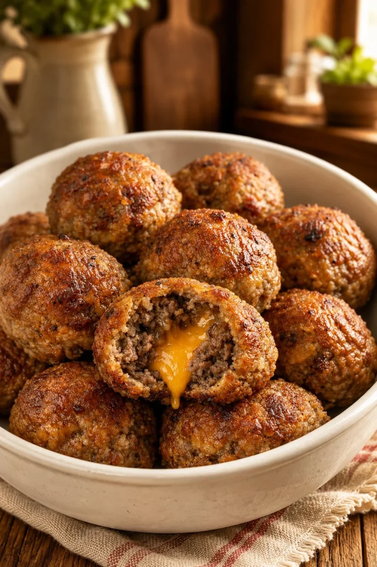 Oven Baked 4-Ingredient Beef Cheddar Balls fresh out of the oven