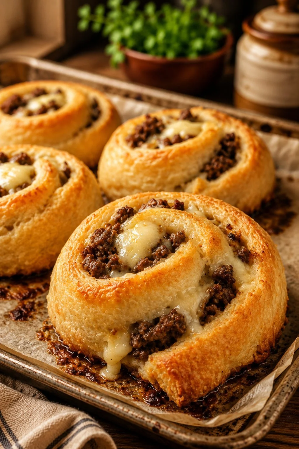 Oven baked beef crescent pinwheels with flaky pastry and savory filling