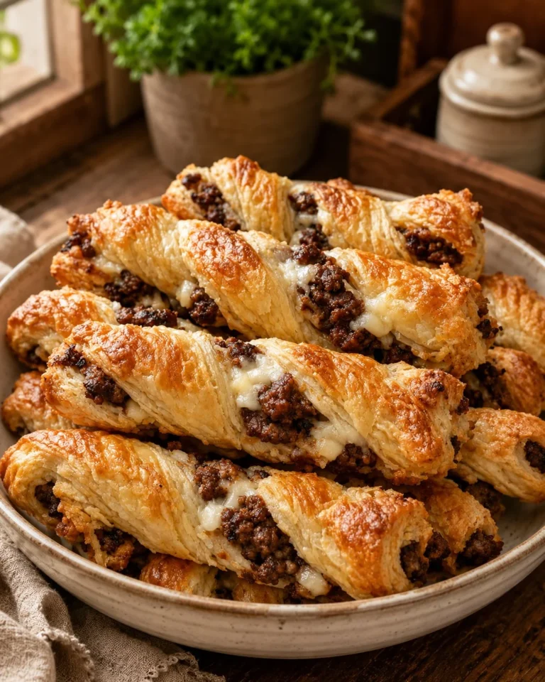 Oven baked 4-ingredient beef puff pastry twists ready to serve