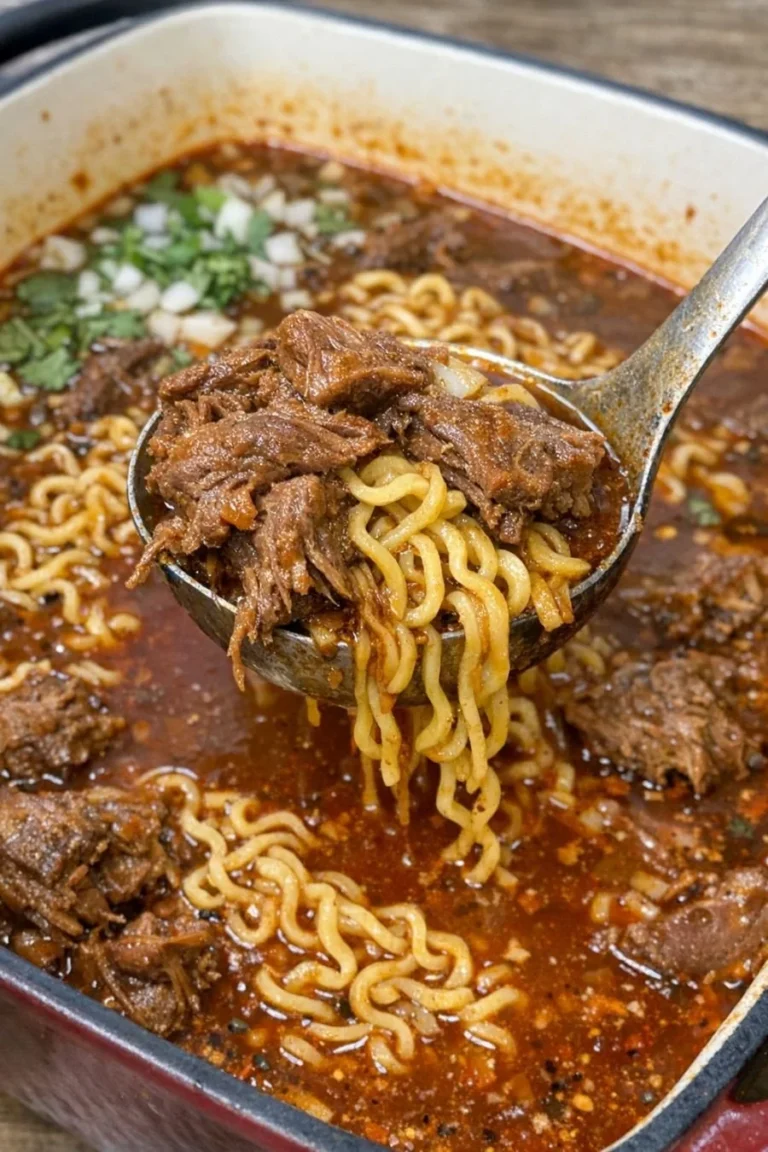 Bowl of Oven Baked 4 Ingredient Birria Ramen Noodles with rich toppings.