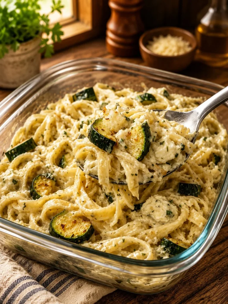 Oven baked Boursin zucchini pasta dish with creamy sauce and zucchini noodles