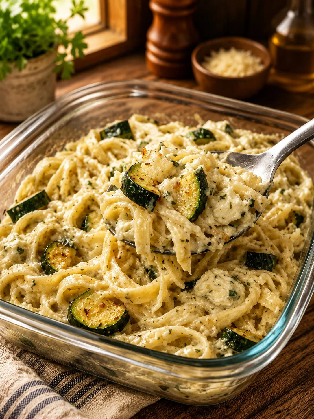 Oven baked Boursin zucchini pasta dish with creamy sauce and zucchini noodles