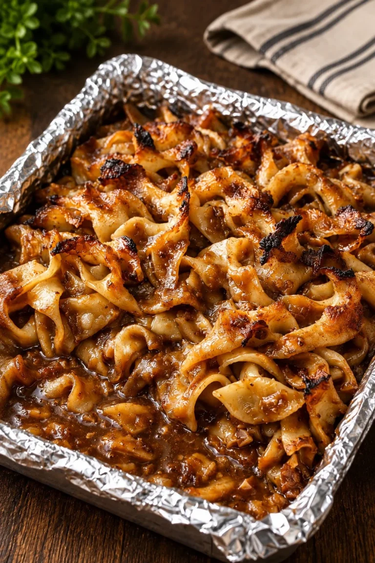 4-ingredient oven baked brown gravy noodle casserole served on a plate