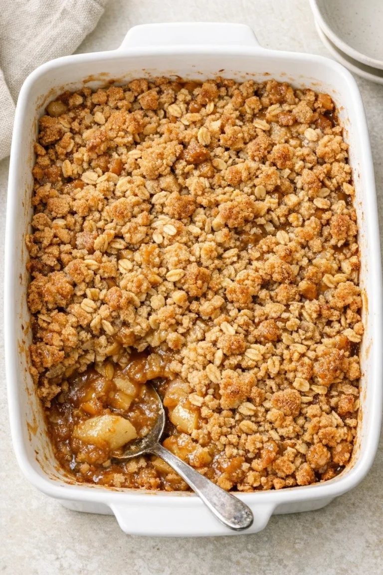 Delicious oven baked caramel apple crisp served in a rustic dish.
