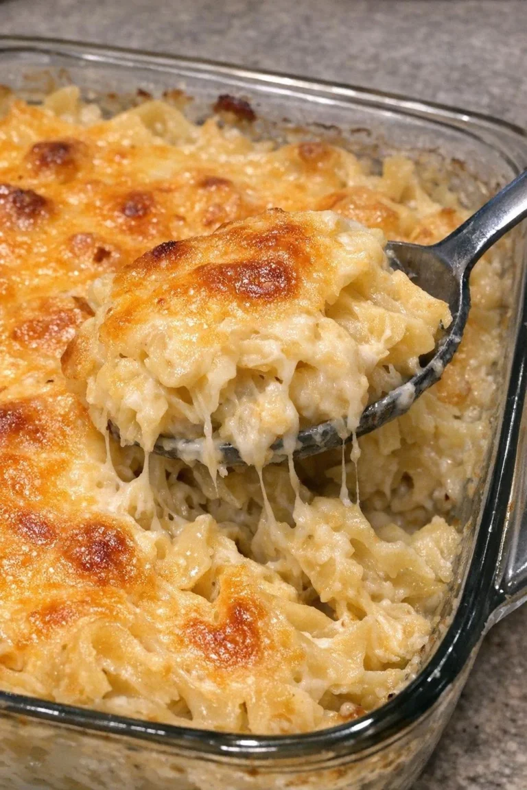 Cheesy noodle bake topped with melted cheese, ready to serve from the oven.