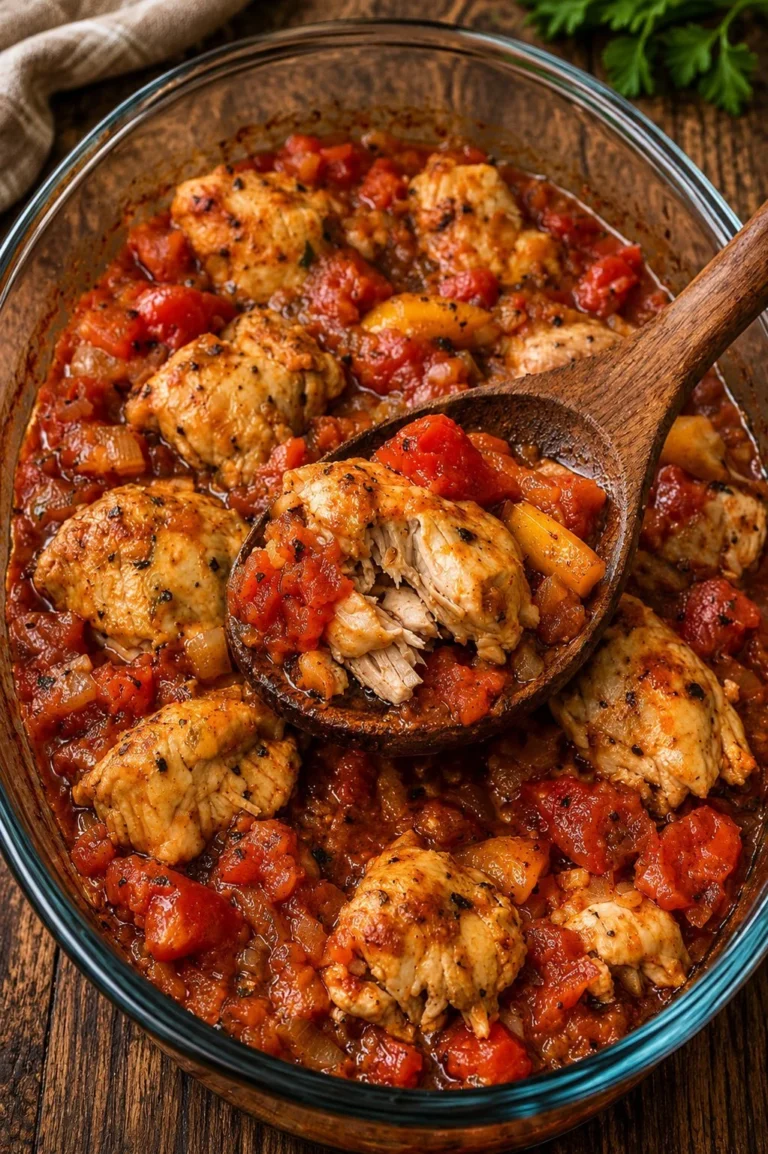 Oven-Baked 4-Ingredient Chicken Cacciatore Casserole in a baking dish