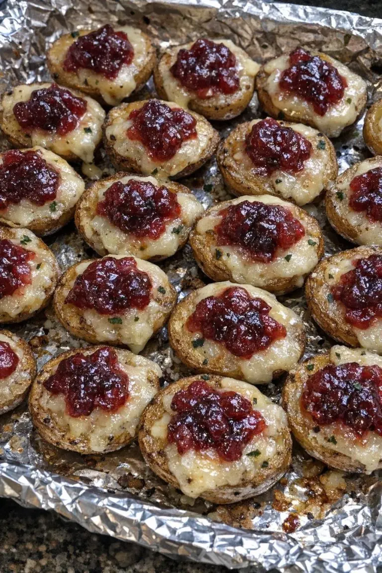 Oven-baked cranberry brie potato bites on a plate, garnished with herbs.