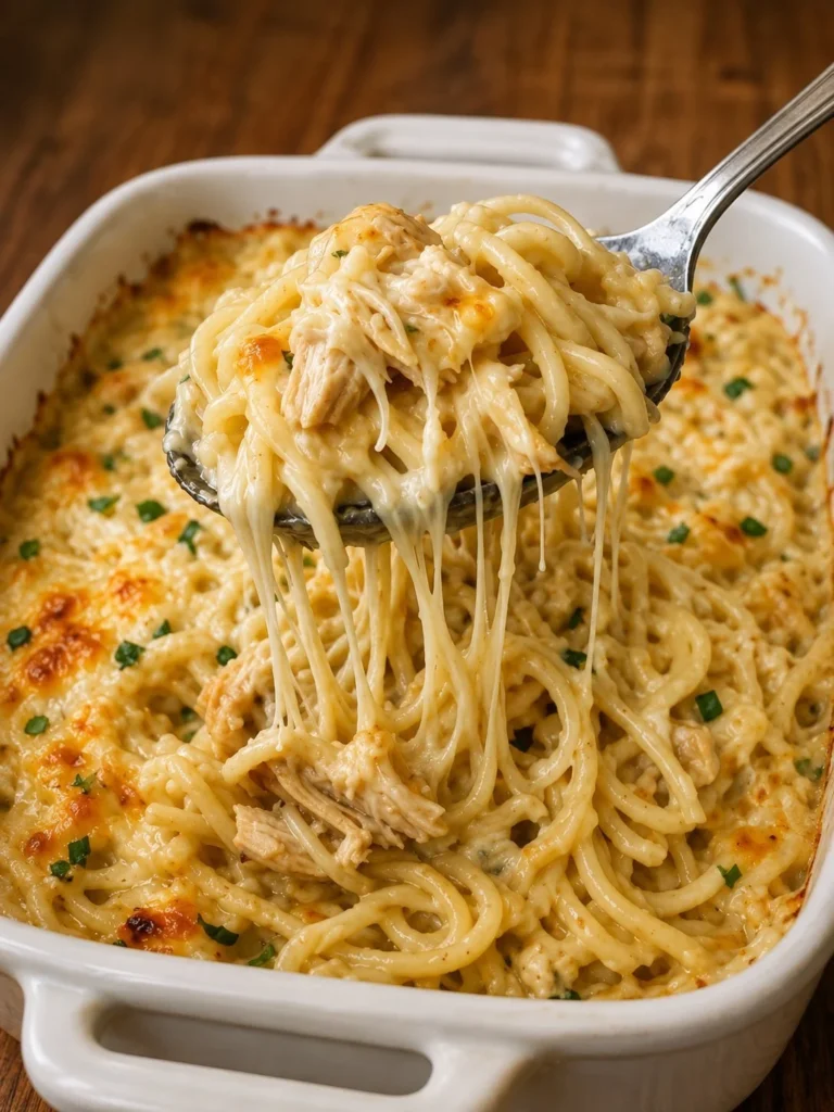 Oven-baked cream cheese chicken spaghetti topped with cheese and herbs