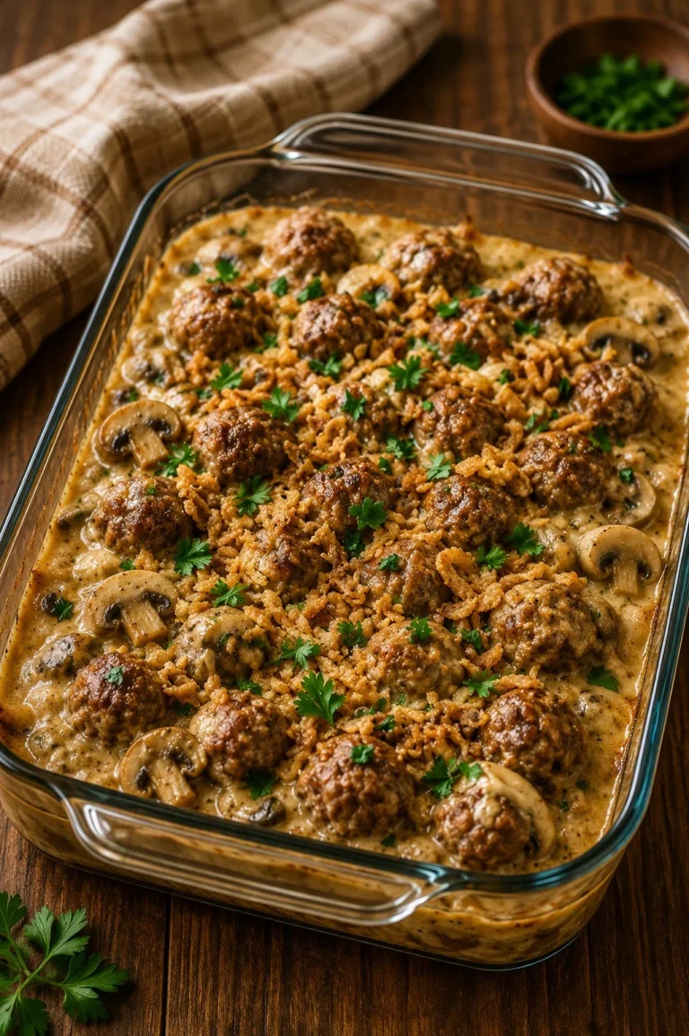 Oven-baked creamy mushroom beef bake with a golden crust and delicious toppings