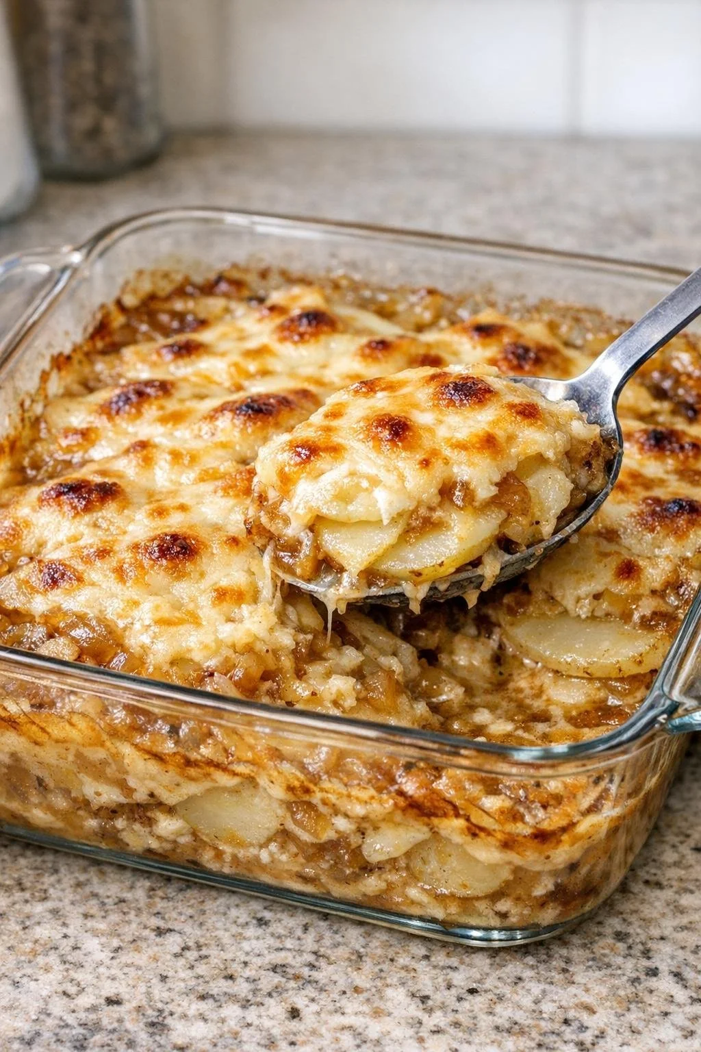 Delicious Oven Baked French Onion Potato Bake with cheese and onions