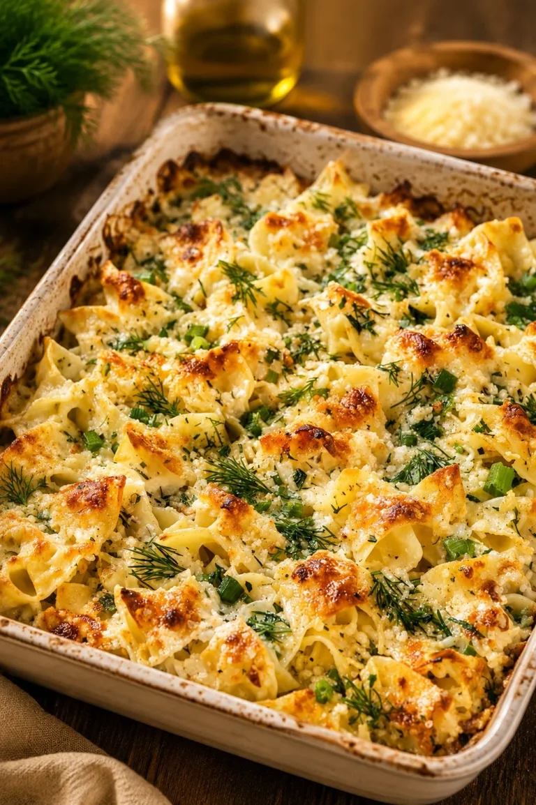 Oven baked dill and egg noodle casserole topped with fresh herbs