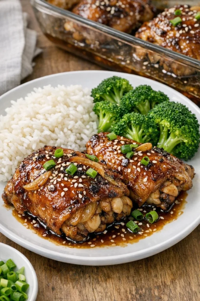 Delicious oven-baked glazed chicken thighs ready to serve on a plate