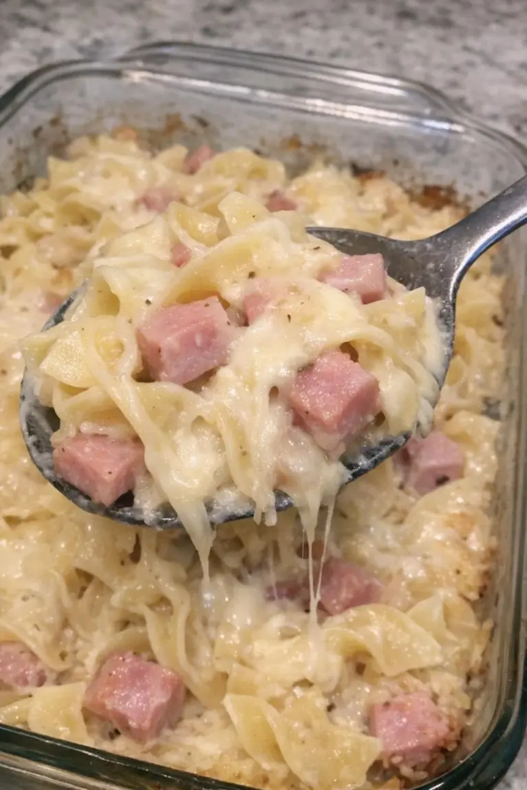 Oven baked ham and Swiss pasta dish ready to serve