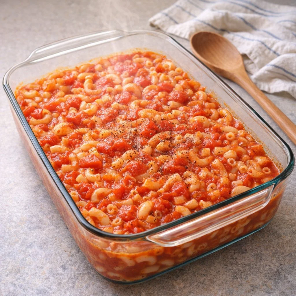 Oven-baked macaroni and tomatoes dish with cheese and seasoning