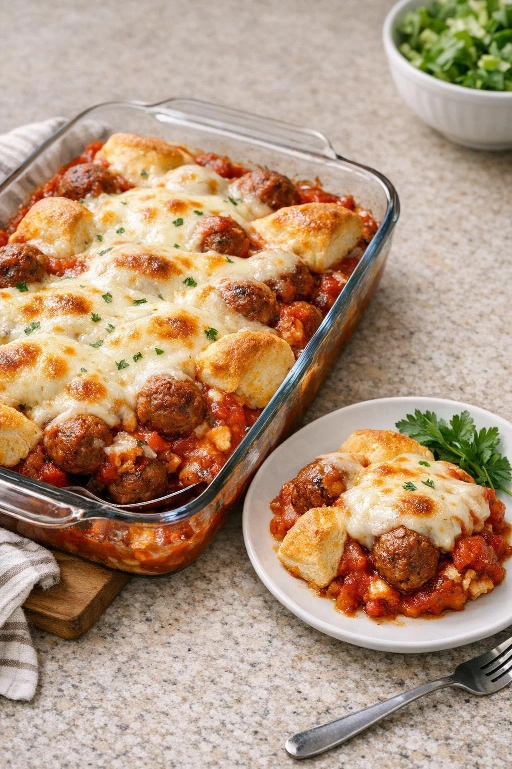 Delicious oven-baked meatball sub casserole with melted cheese and marinara sauce