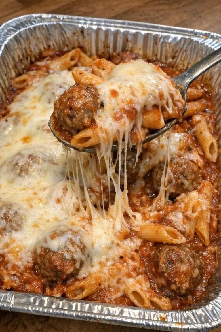 Delicious oven baked meatball sub pasta with melted cheese and marinara sauce