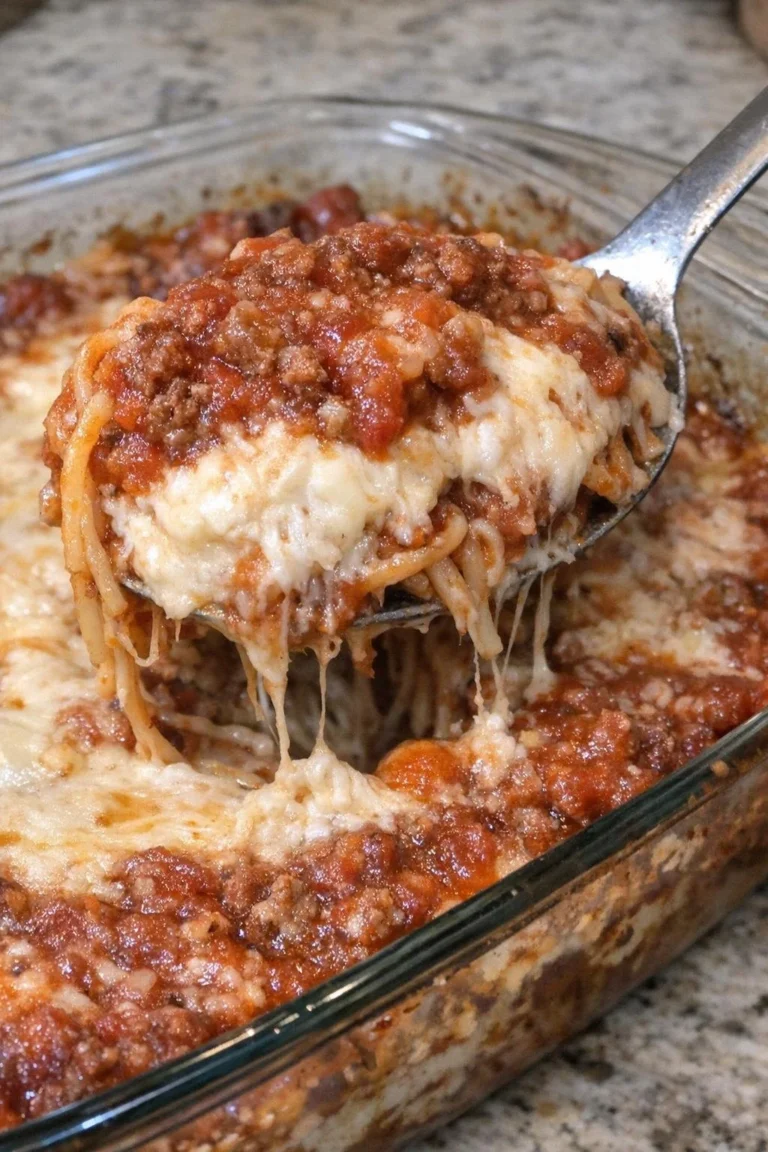 Delicious oven baked Million Dollar Spaghetti topped with cheese