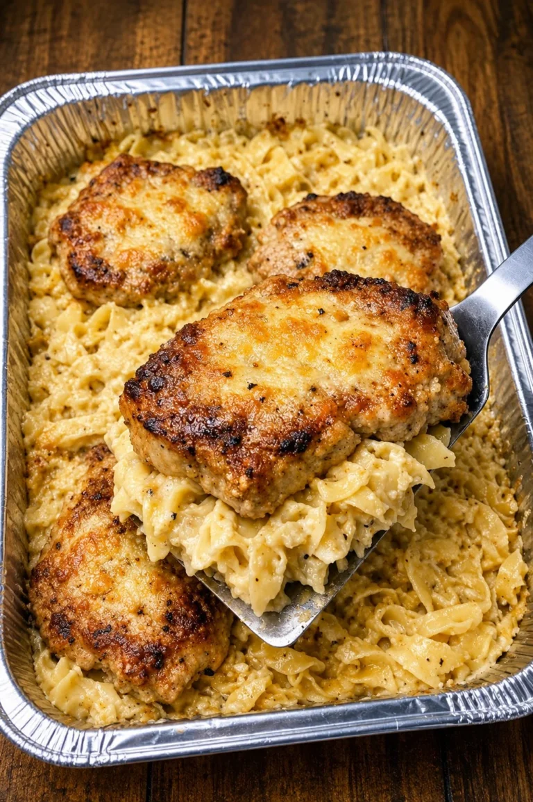 Oven baked pork chop noodle casserole with four ingredients in a dish
